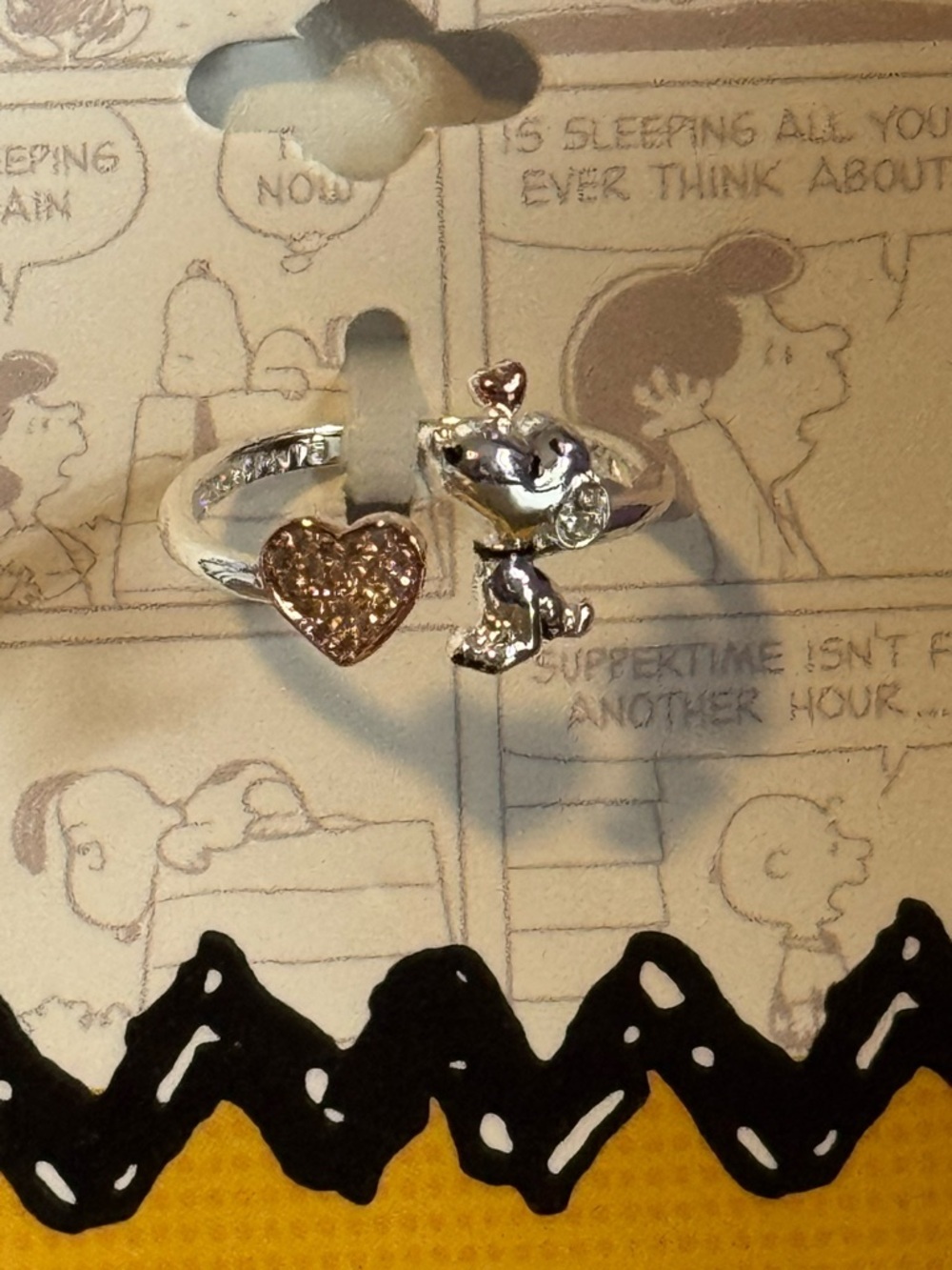 Peanuts Snoopy silver Ring with Rose Gold hearts adjustable size 7
